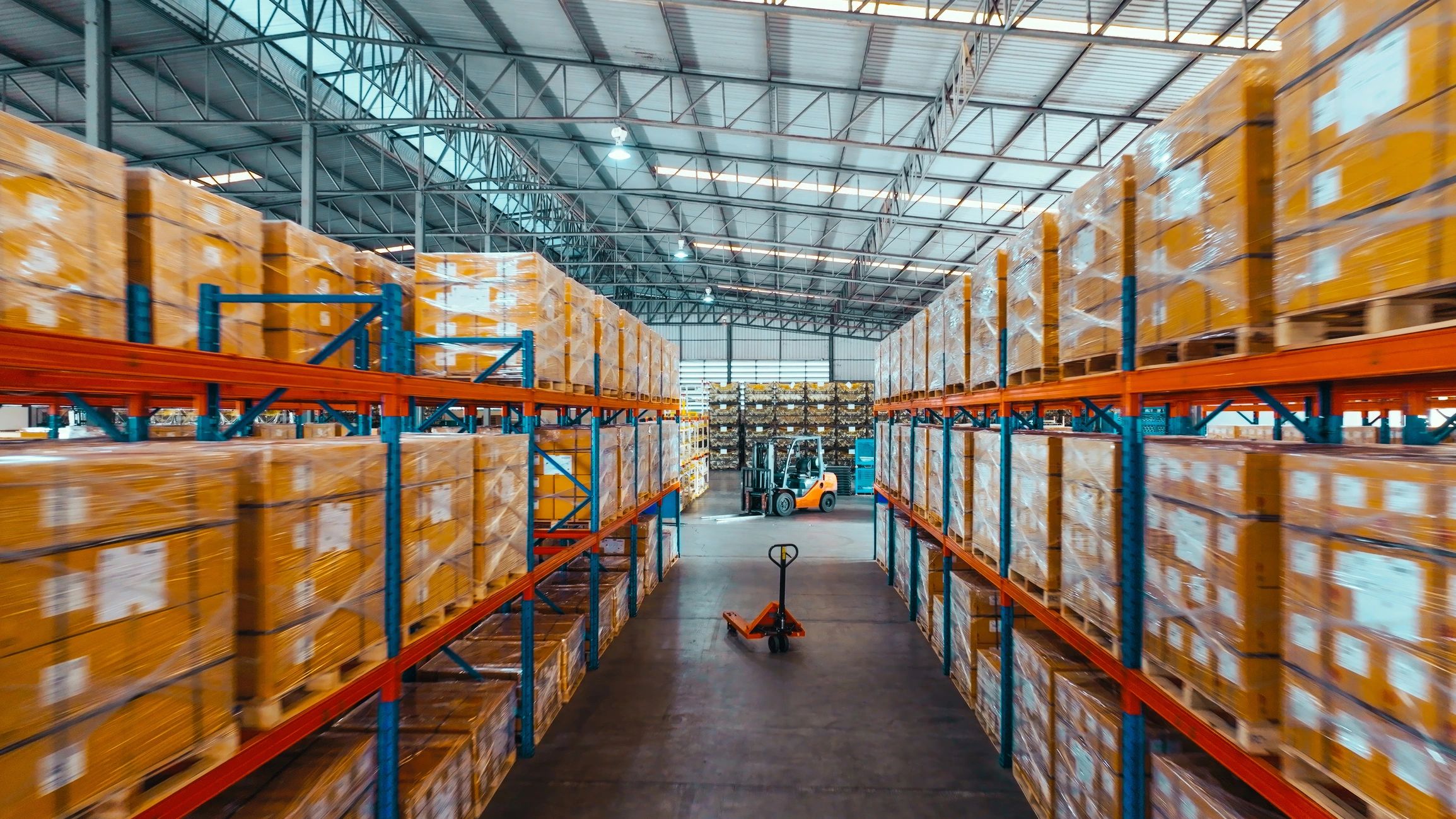 Warehouse shelves with packaged merchandise in an industrial facility